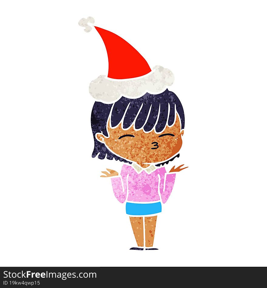 hand drawn retro cartoon of a woman wearing santa hat