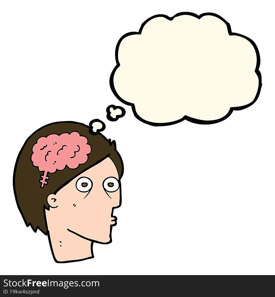 Cartoon Head With Brain Symbol With Thought Bubble