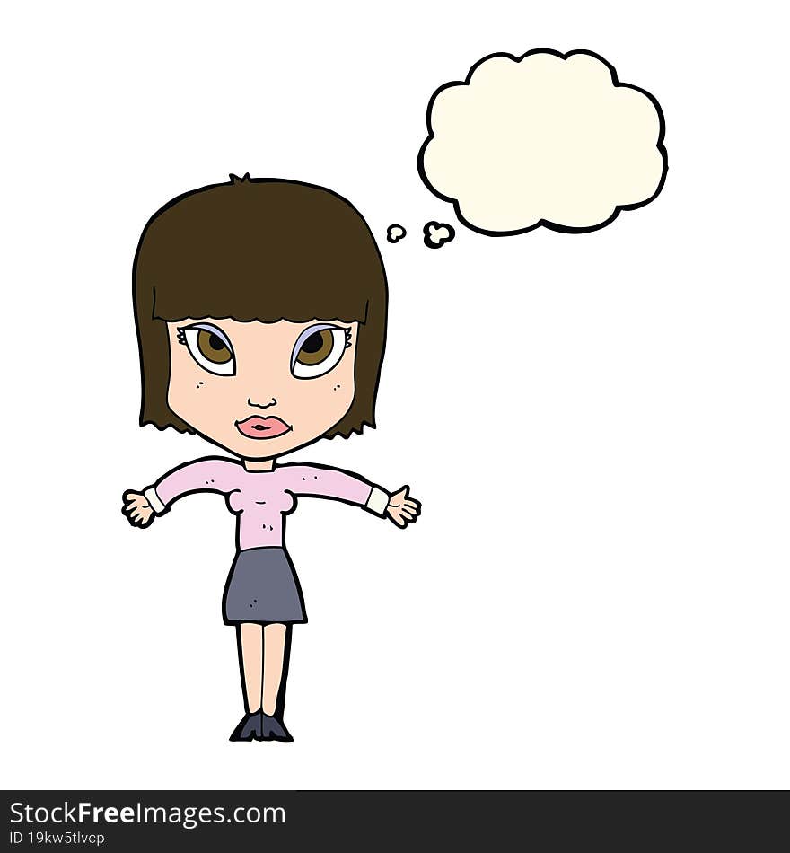 cartoon woman shrugging with thought bubble