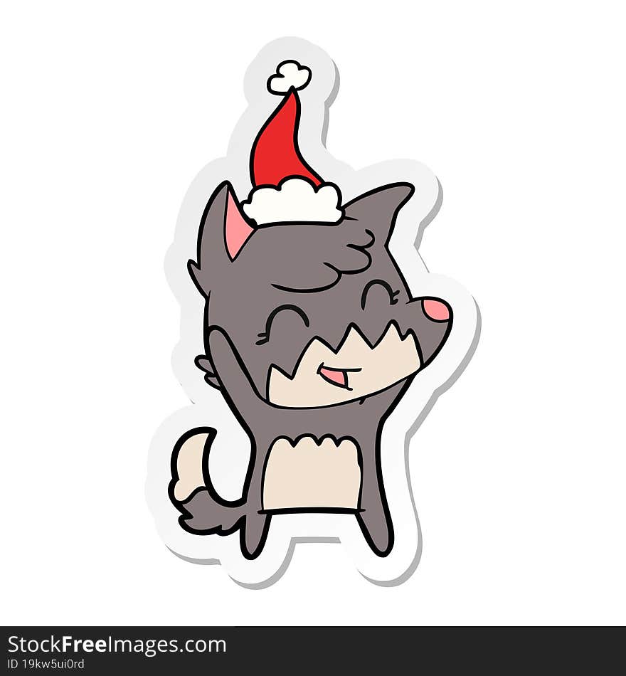 happy sticker cartoon of a fox wearing santa hat