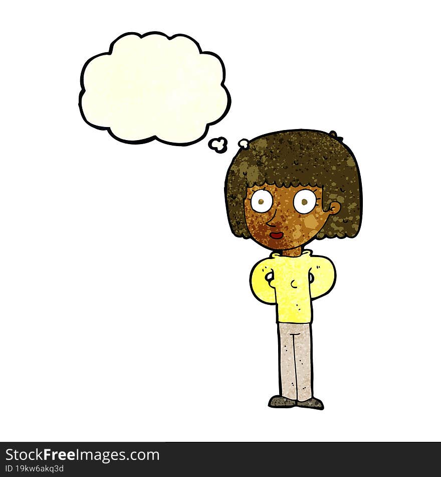 cartoon staring woman with thought bubble