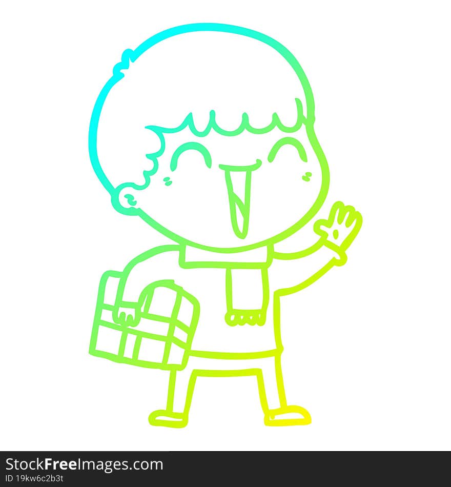 cold gradient line drawing of a cartoon happy man