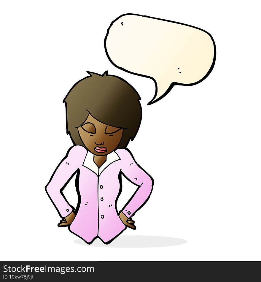 cartoon woman with hands on hips with speech bubble