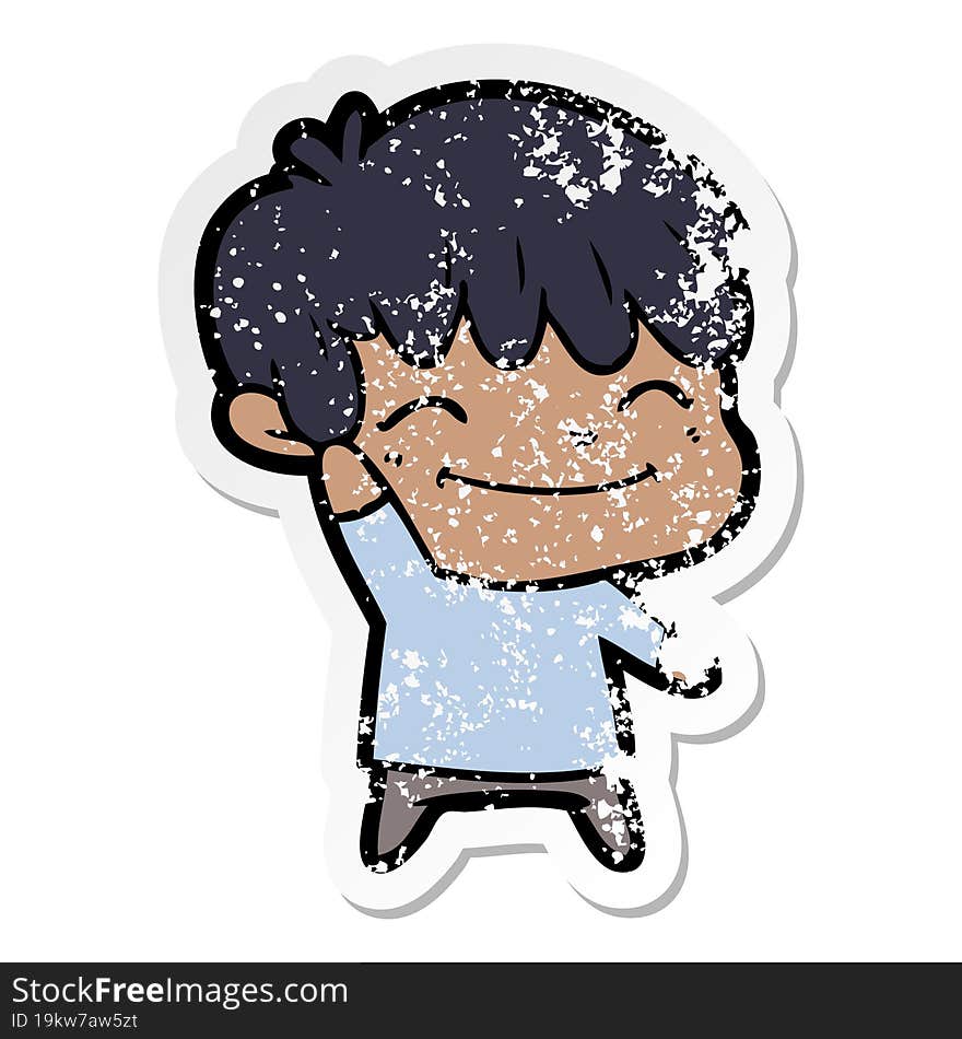 distressed sticker of a happy cartoon boy