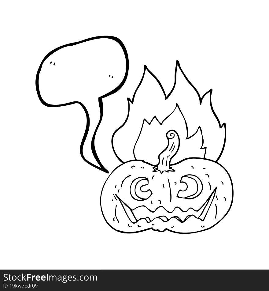 freehand drawn speech bubble cartoon flaming halloween pumpkin