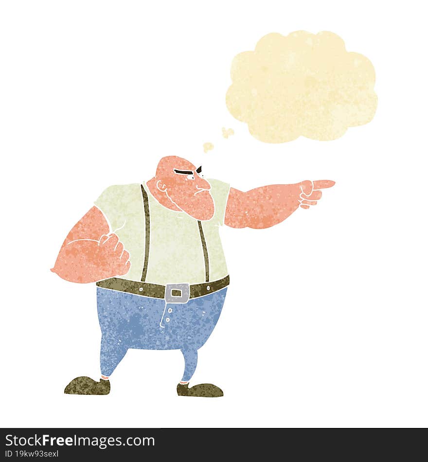 cartoon angry tough guy pointing with thought bubble