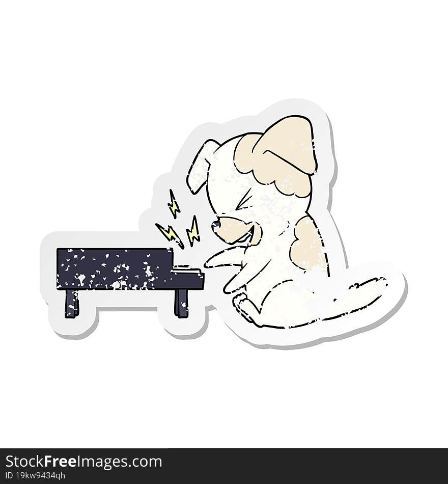 Distressed Sticker Of A Cartoon Dog Rocking Out On Piano