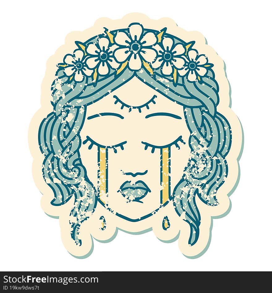 distressed sticker tattoo style icon of female face crying with third eye