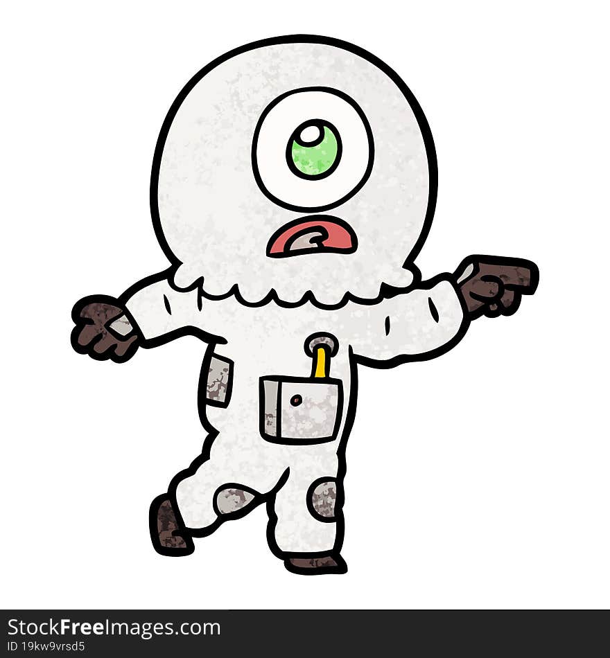 cartoon cyclops alien spaceman pointing. cartoon cyclops alien spaceman pointing