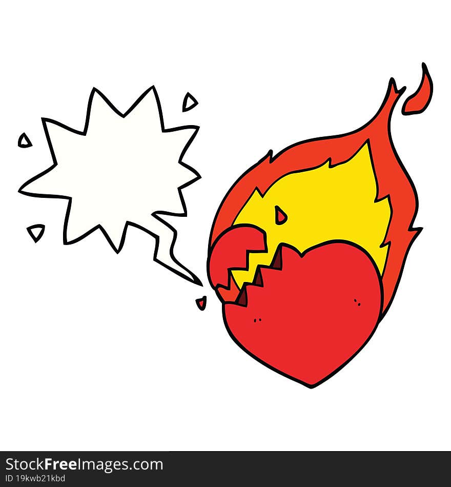 cartoon flaming heart and speech bubble