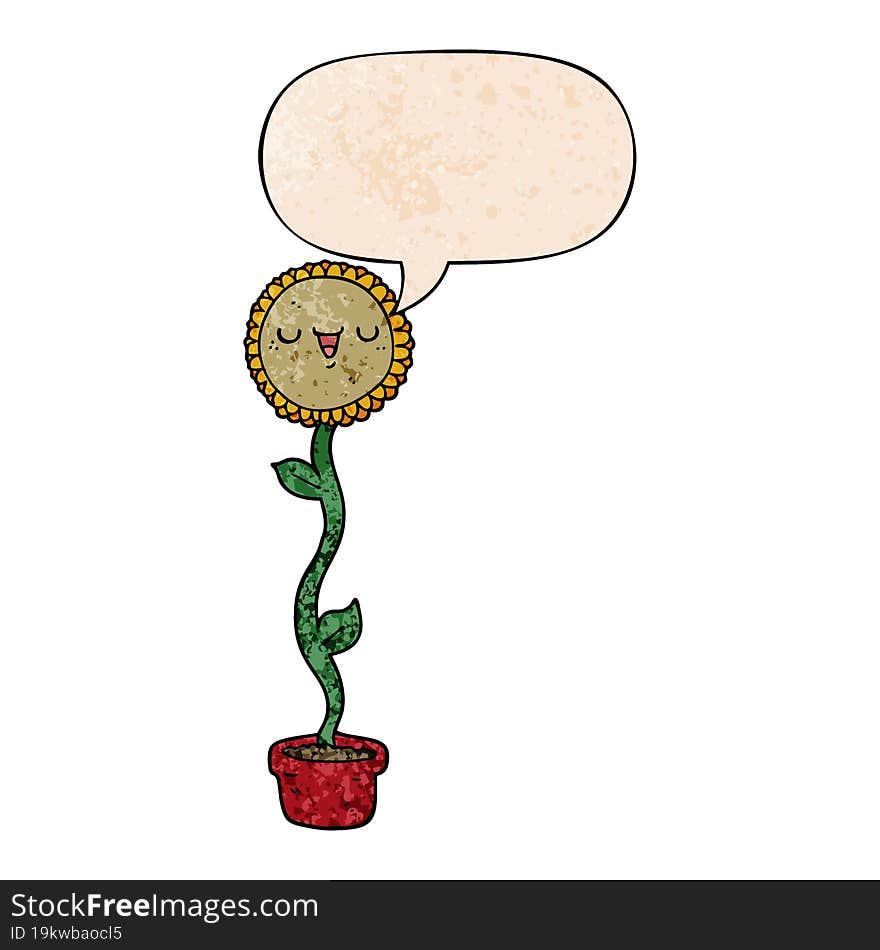 Cartoon Sunflower And Speech Bubble In Retro Texture Style