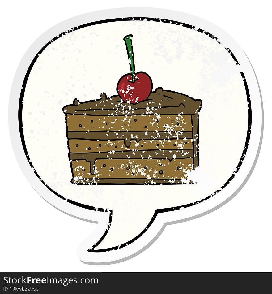 cartoon tasty chocolate cake and speech bubble distressed sticker