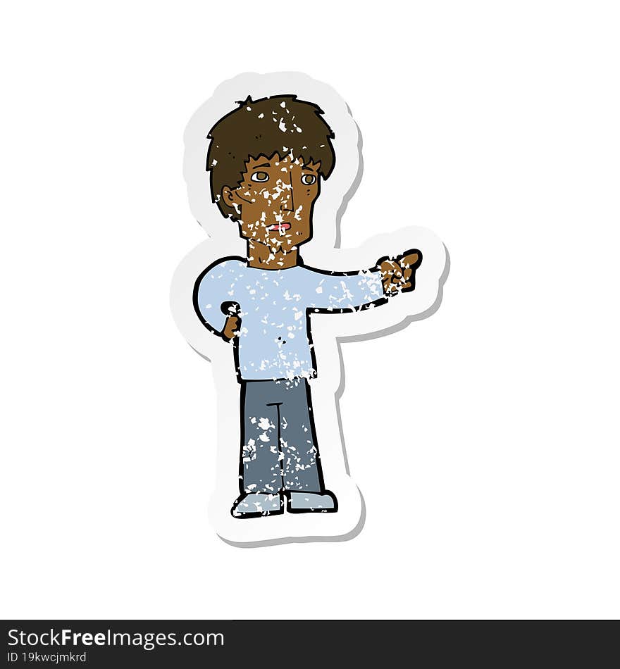 retro distressed sticker of a cartoon pointing man