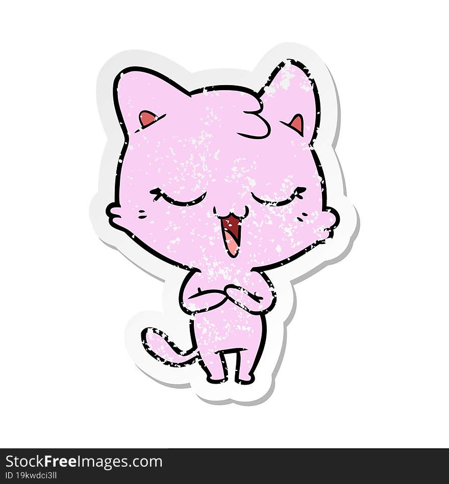 distressed sticker of a happy cartoon cat