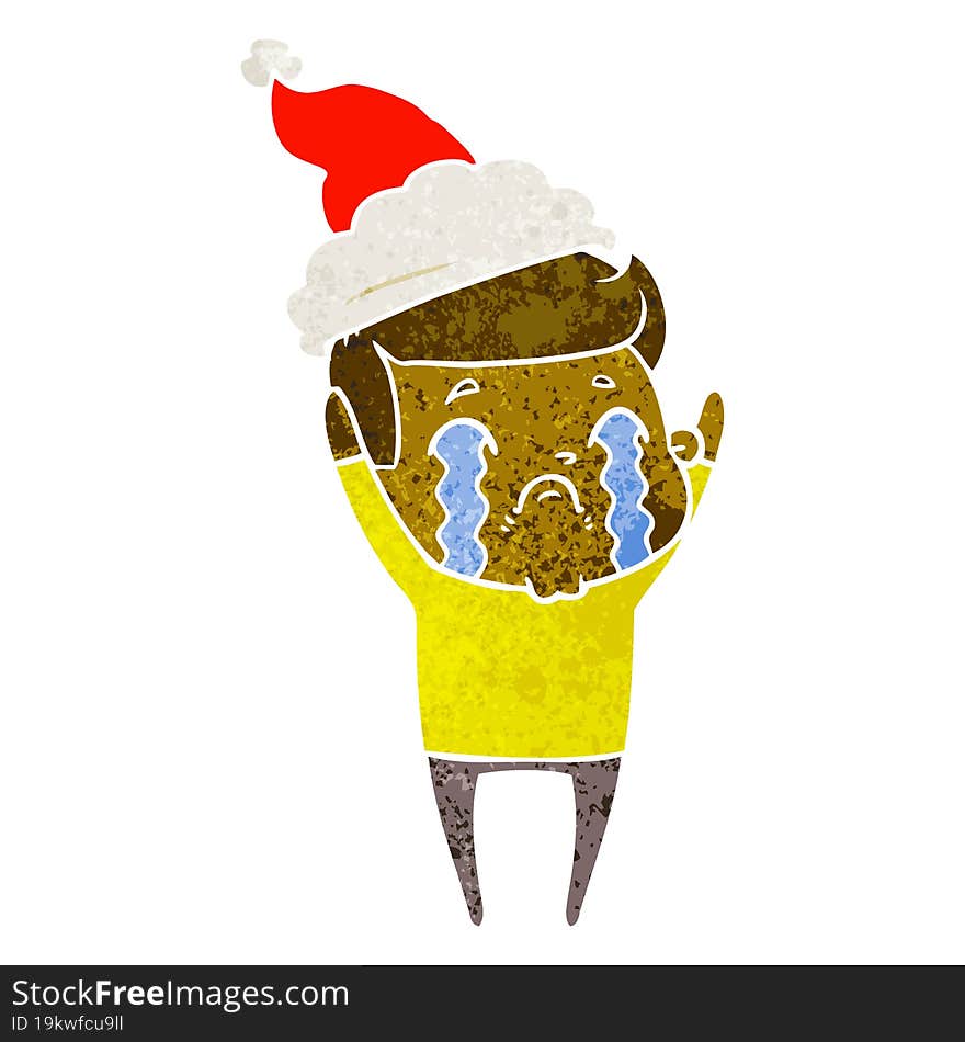 retro cartoon of a man crying wearing santa hat