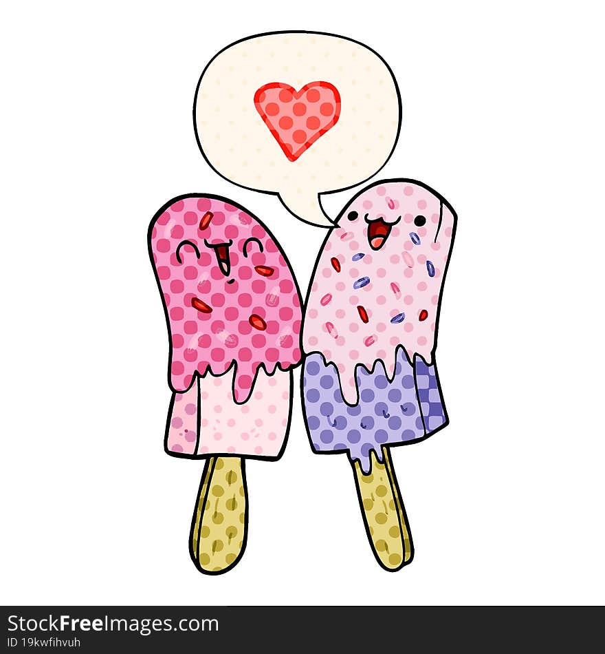 cartoon ice lolly in love and speech bubble in comic book style