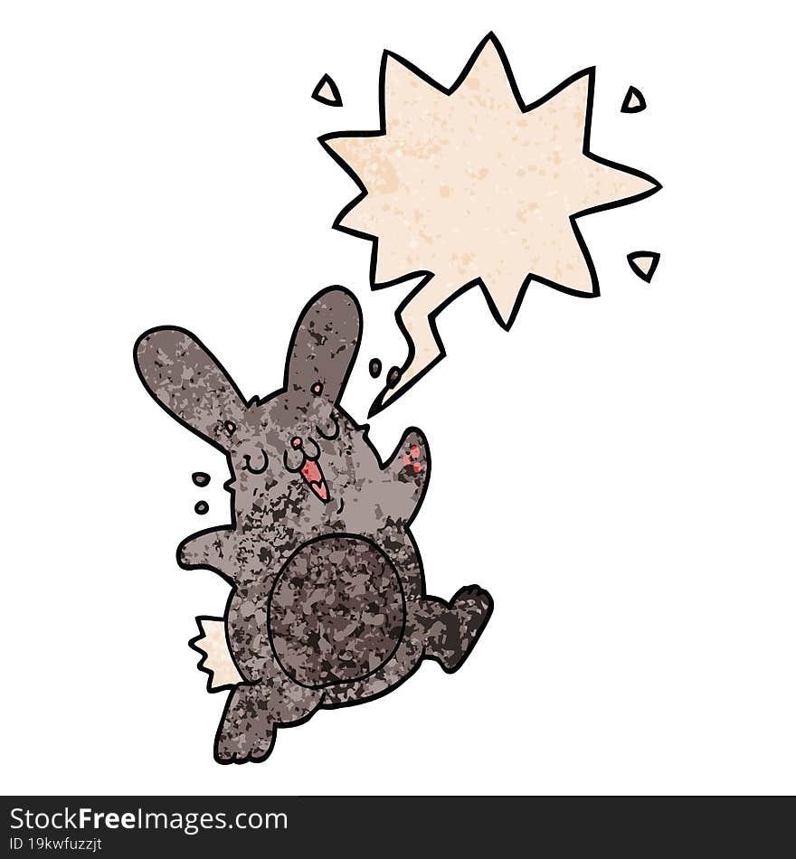 cartoon rabbit with speech bubble in retro texture style