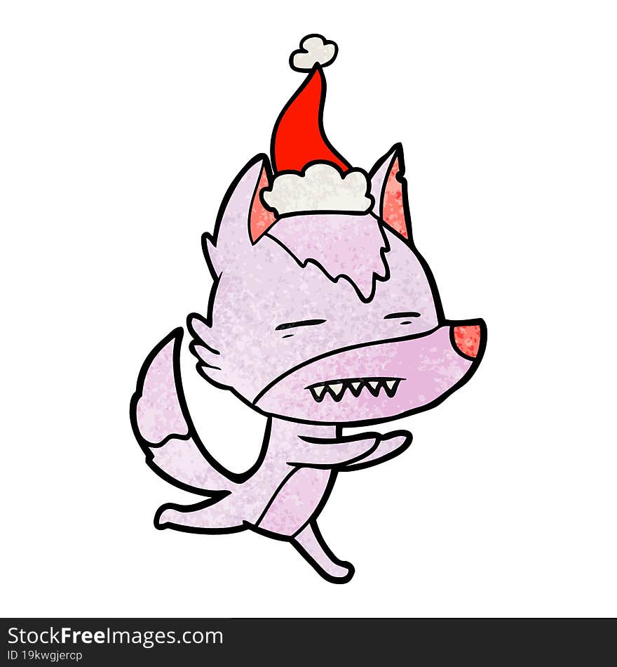 textured cartoon of a wolf showing teeth wearing santa hat