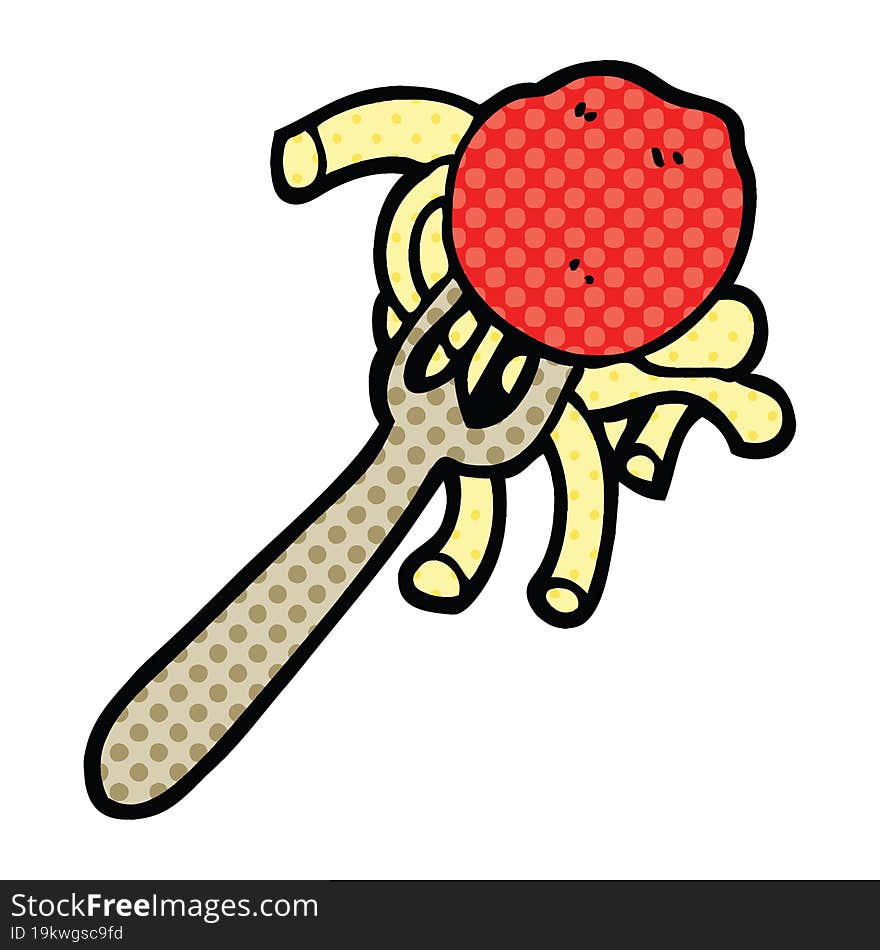 comic book style cartoon spaghetti and meatballs on fork