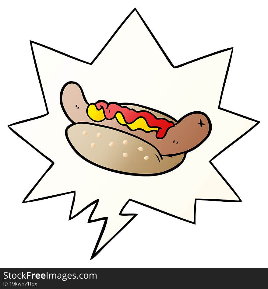 Cartoon Fresh Tasty Hot Dog And Speech Bubble In Smooth Gradient Style