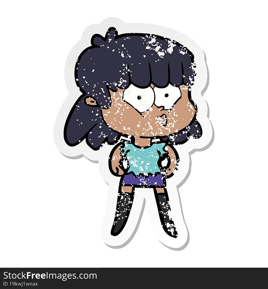 distressed sticker of a cartoon whistling girl