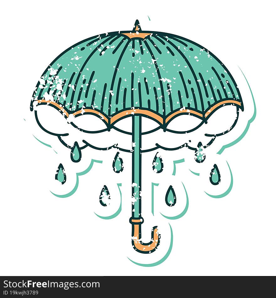 Distressed Sticker Tattoo Style Icon Of An Umbrella And Storm Cloud