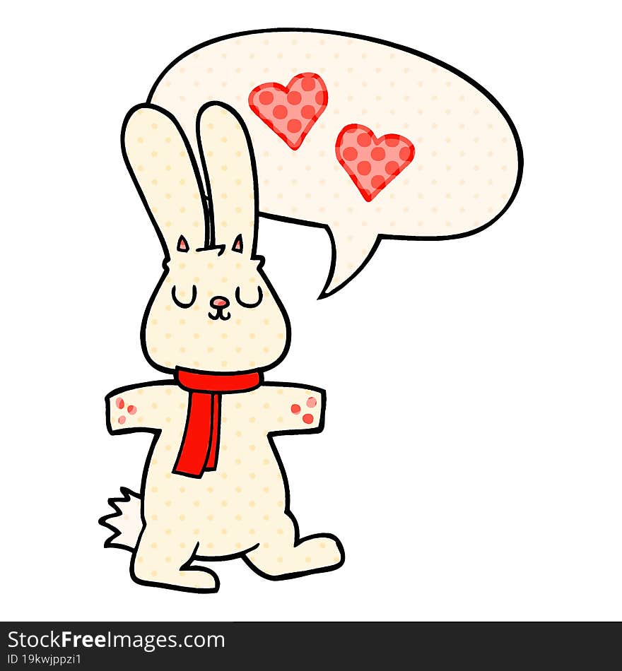 cartoon rabbit in love with speech bubble in comic book style