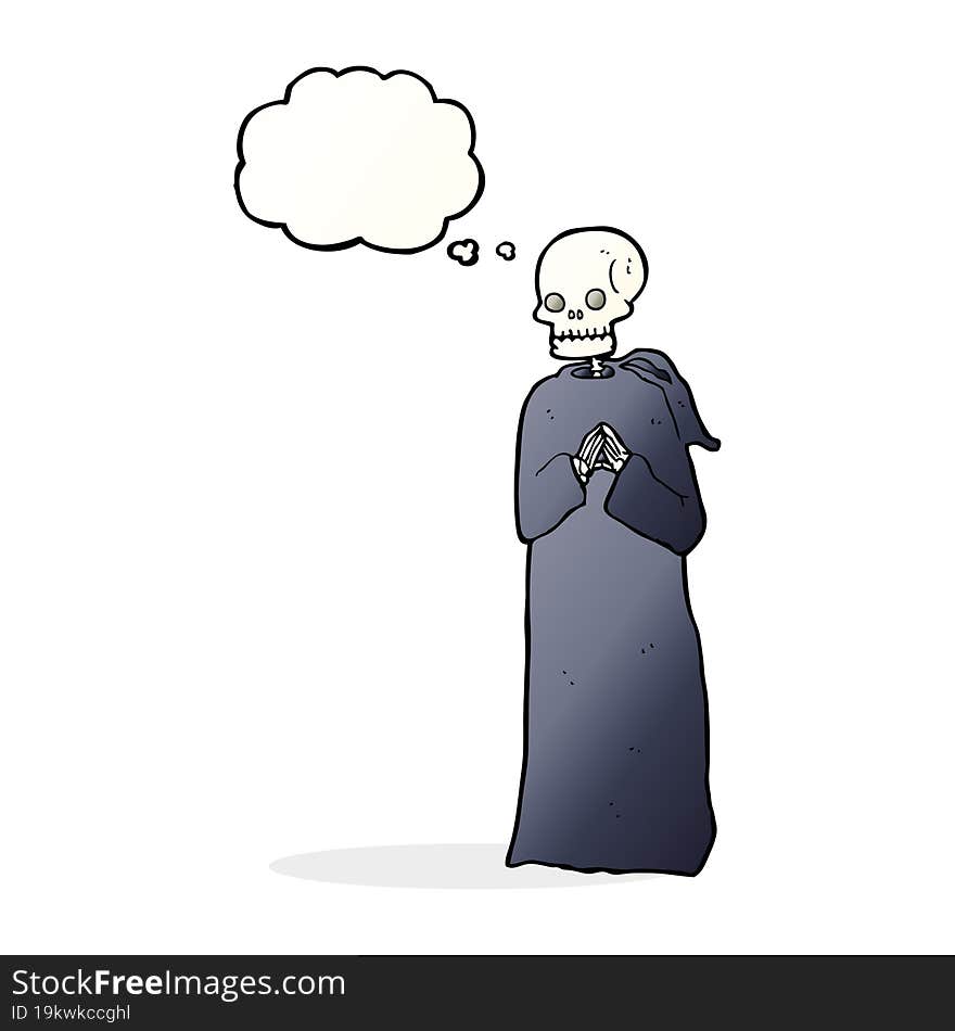 cartoon skeleton in black robe with thought bubble