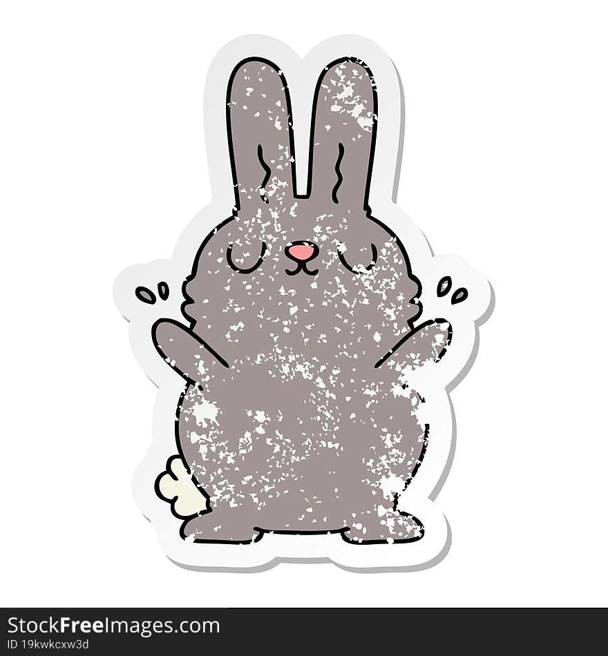 distressed sticker of a quirky hand drawn cartoon rabbit