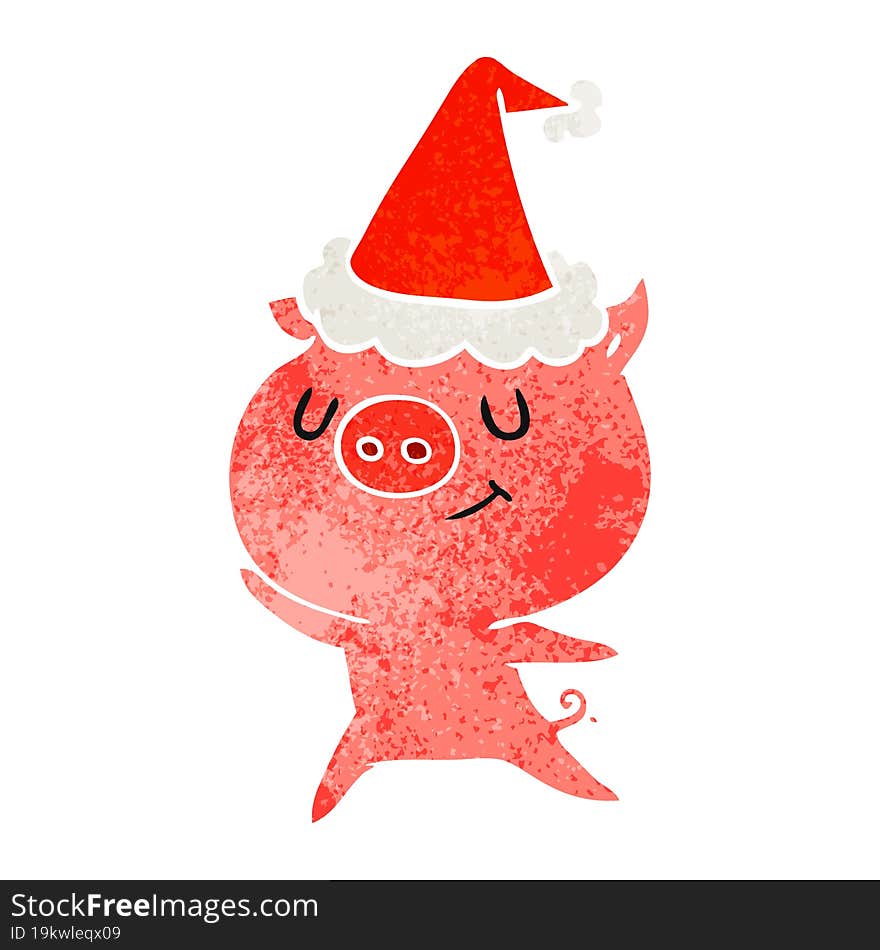 happy retro cartoon of a pig wearing santa hat