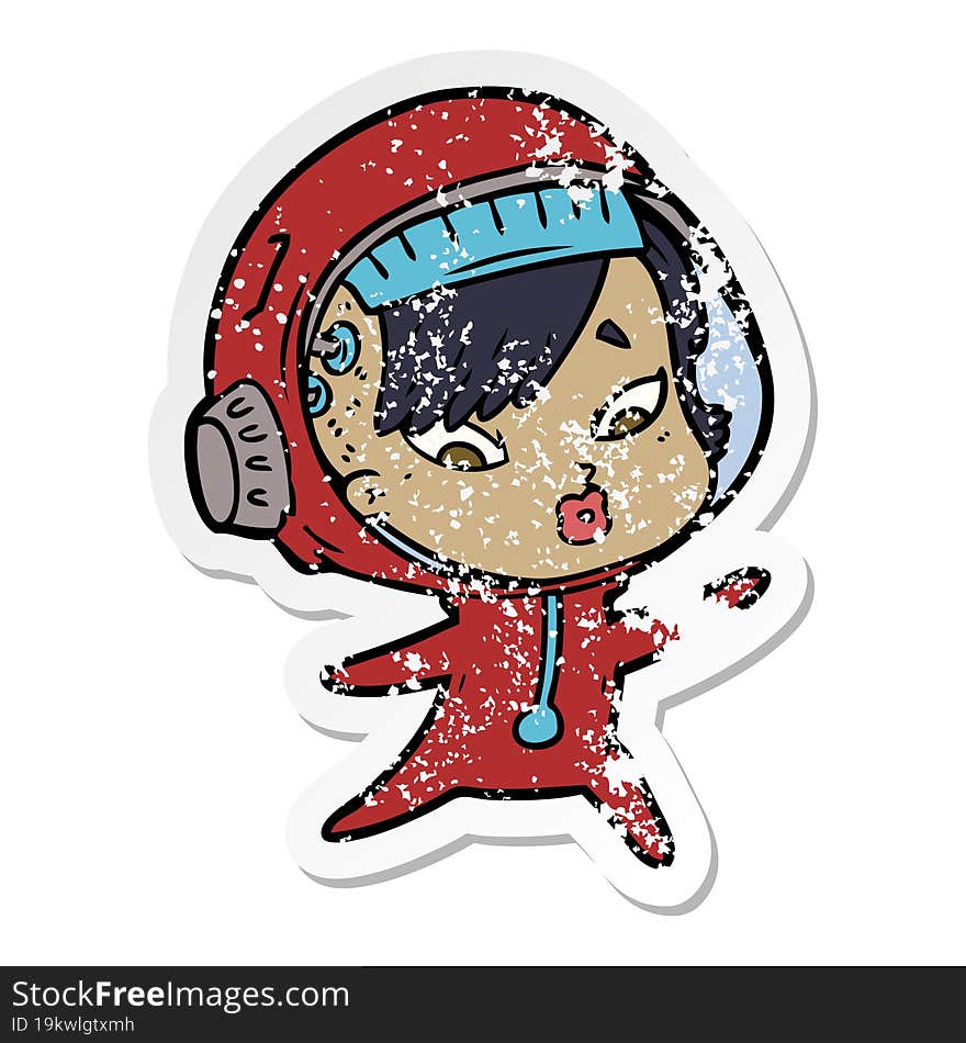 Distressed Sticker Of A Cartoon Astronaut Woman