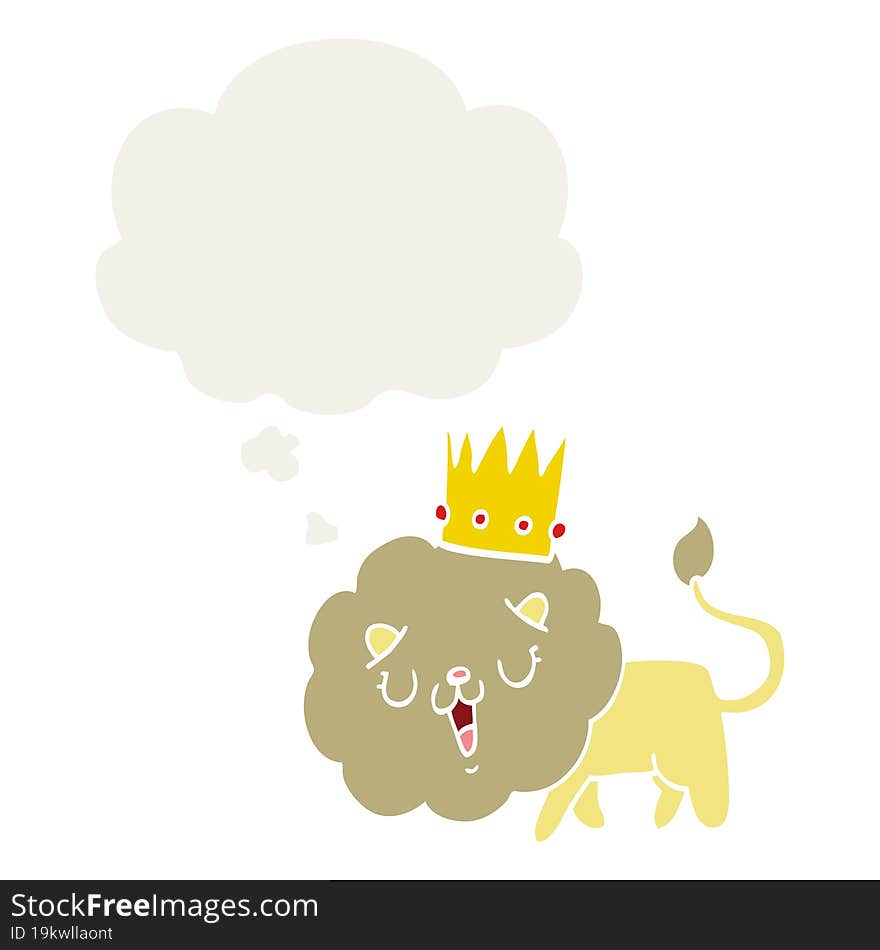 cartoon lion with crown and thought bubble in retro style