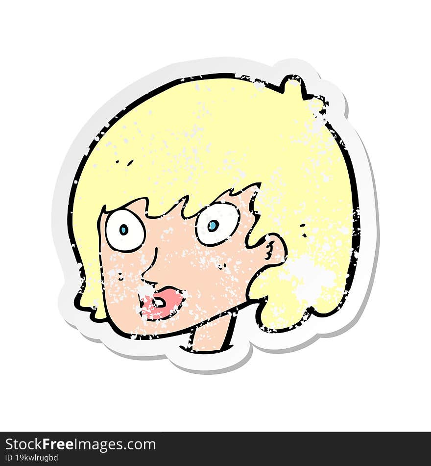 retro distressed sticker of a cartoon happy female face