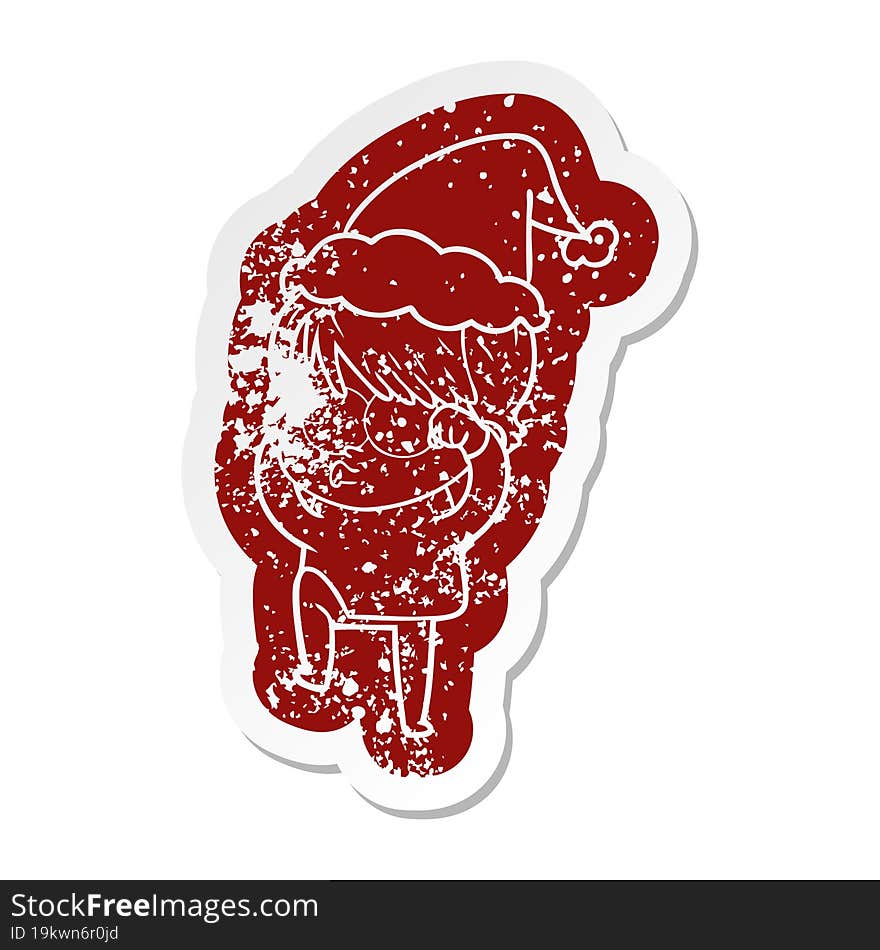 quirky cartoon distressed sticker of a woman wearing santa hat