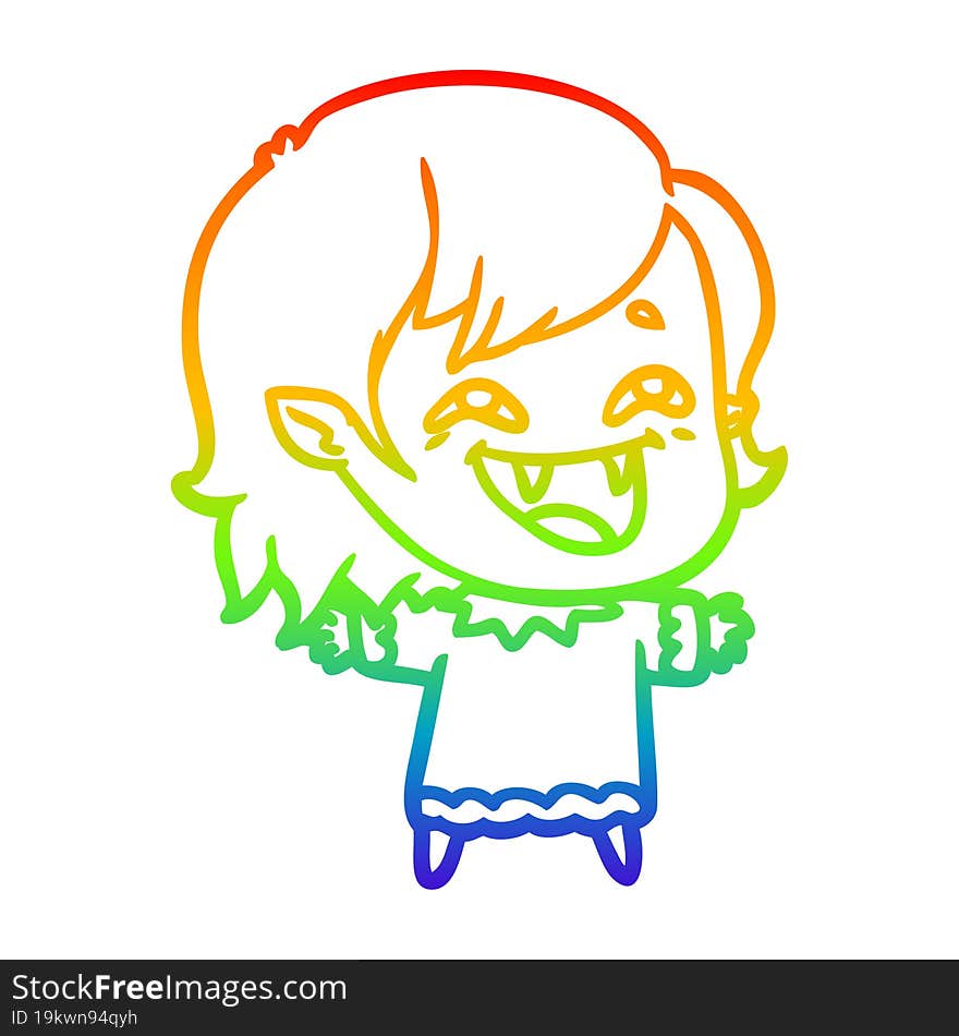 rainbow gradient line drawing of a cartoon laughing vampire girl