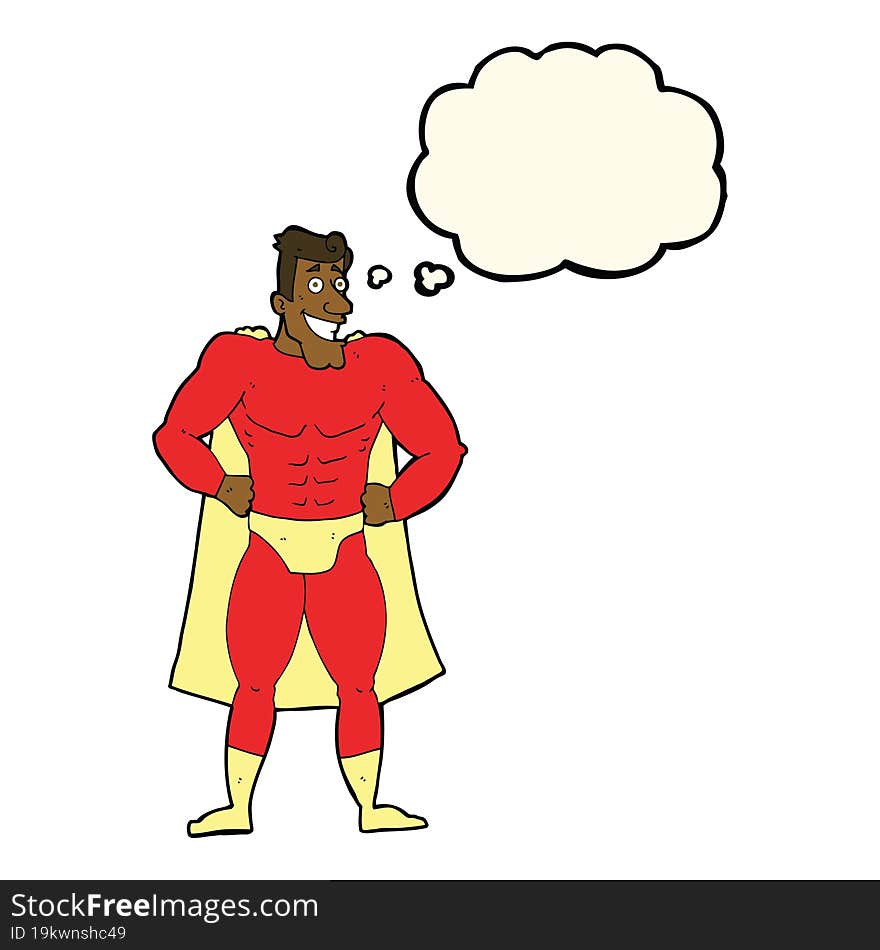 cartoon superhero with thought bubble