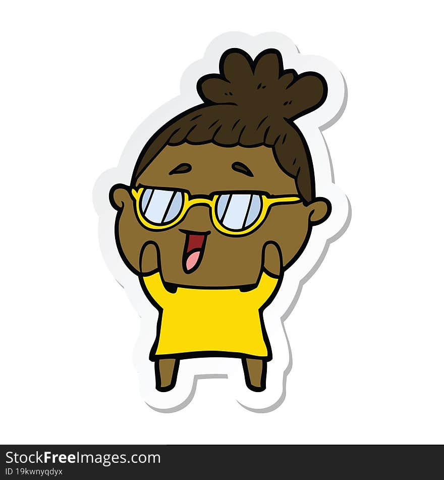 sticker of a cartoon happy woman wearing spectacles