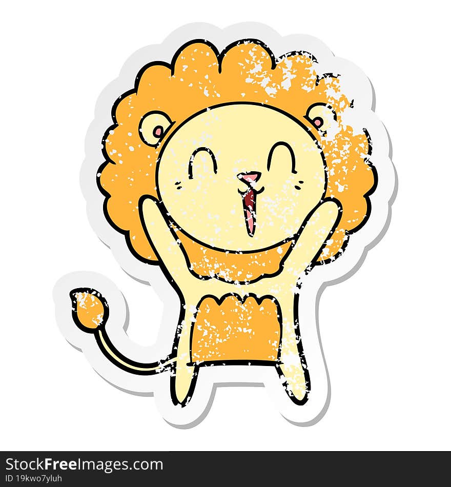 Distressed Sticker Of A Laughing Lion Cartoon