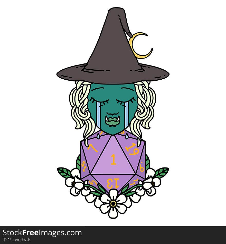 crying half orc witch with natural one D20 dice roll illustration