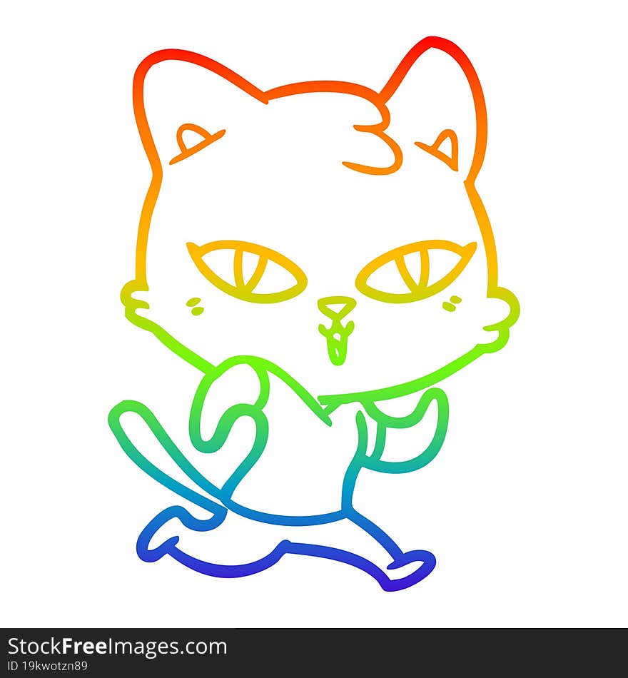 rainbow gradient line drawing cartoon cat out for a run