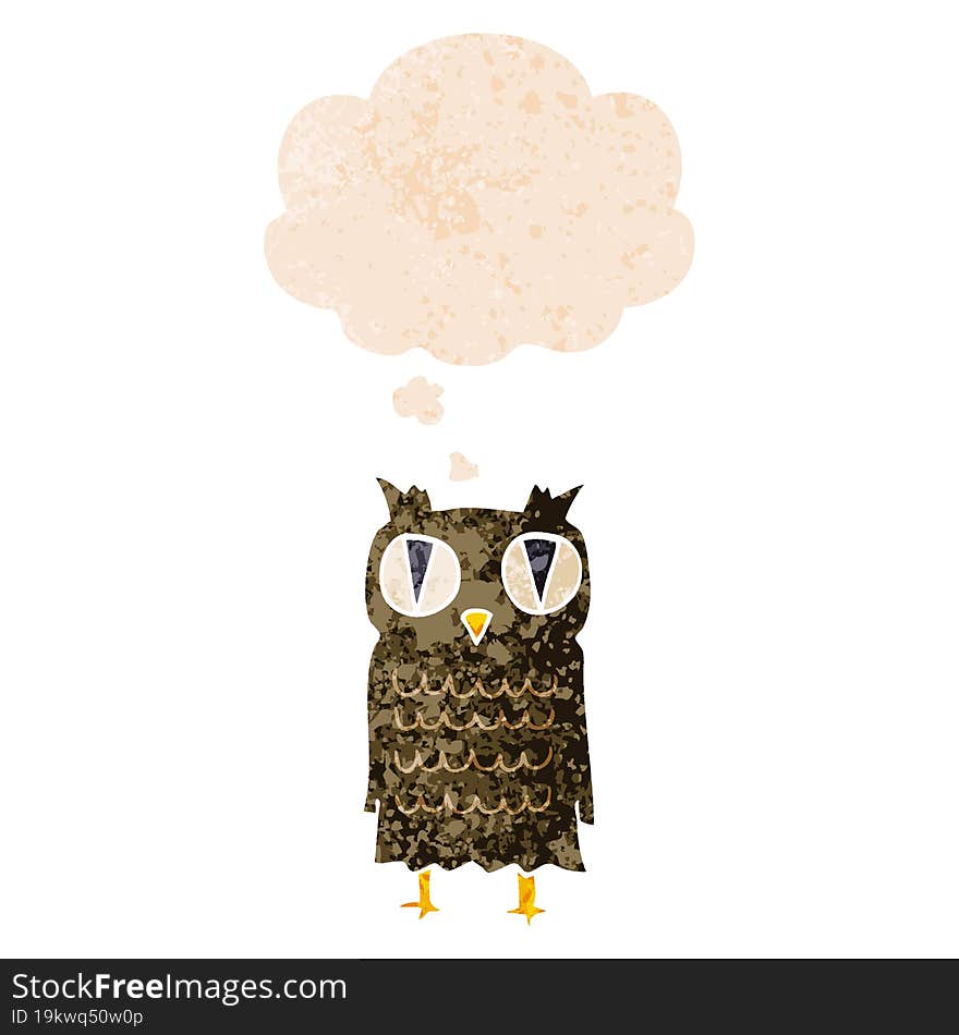 cartoon owl and thought bubble in retro textured style