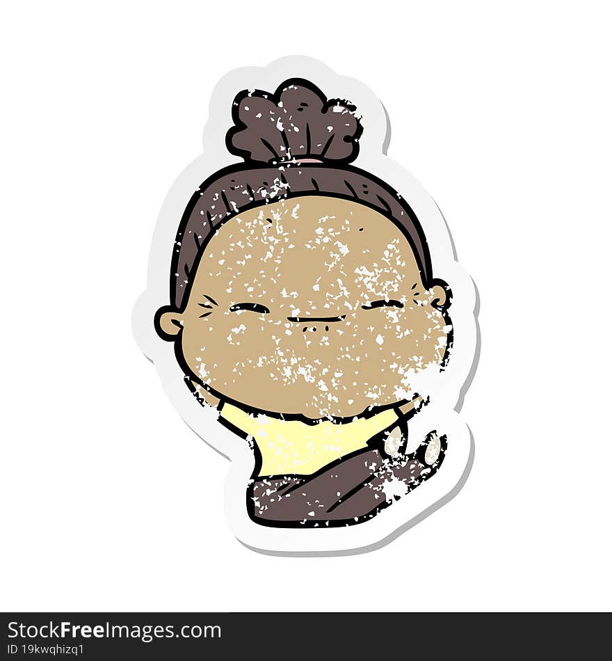 distressed sticker of a cartoon peaceful old woman