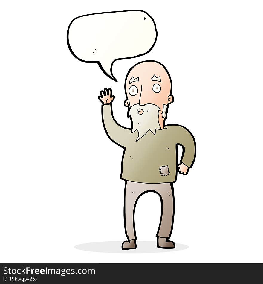 cartoon old man waving with speech bubble