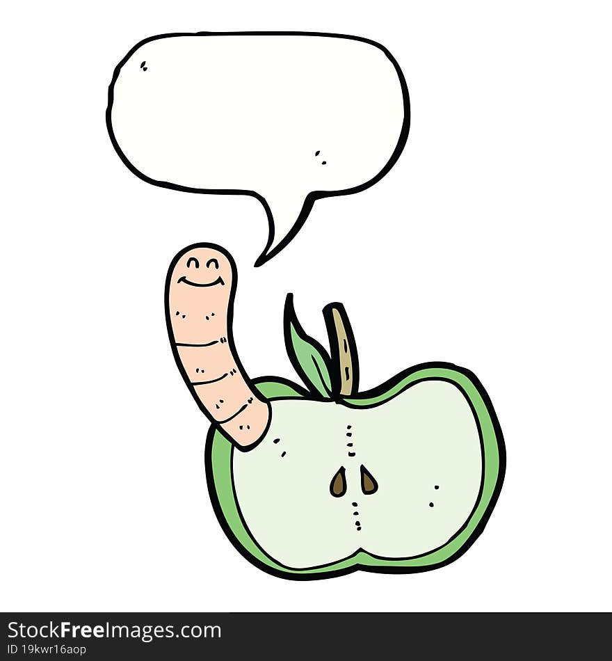 cartoon apple with worm with speech bubble