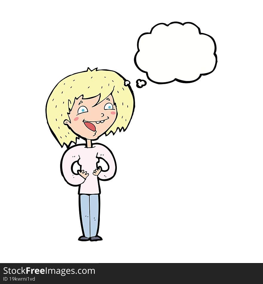 cartoon excited woman with thought bubble