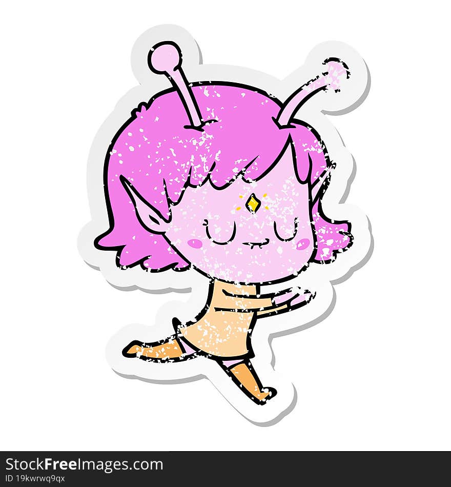 distressed sticker of a cartoon alien girl