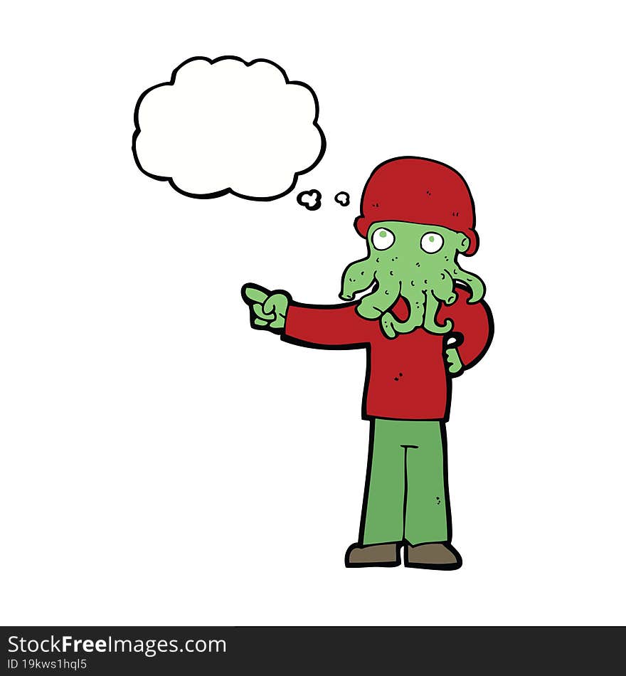 cartoon alien monster man with thought bubble