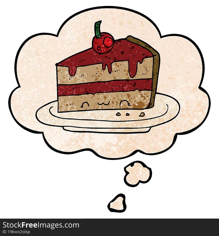 cartoon cake and thought bubble in grunge texture pattern style