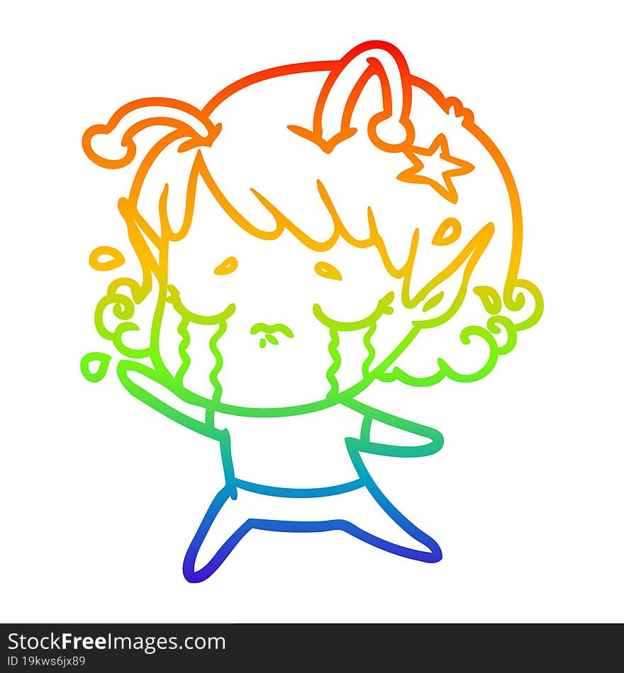 rainbow gradient line drawing cartoon crying alien girl