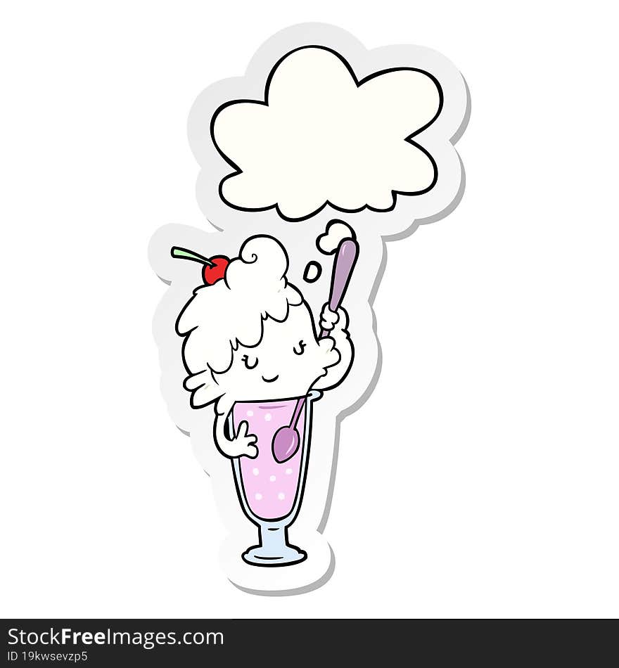 cartoon ice cream soda girl and thought bubble as a printed sticker